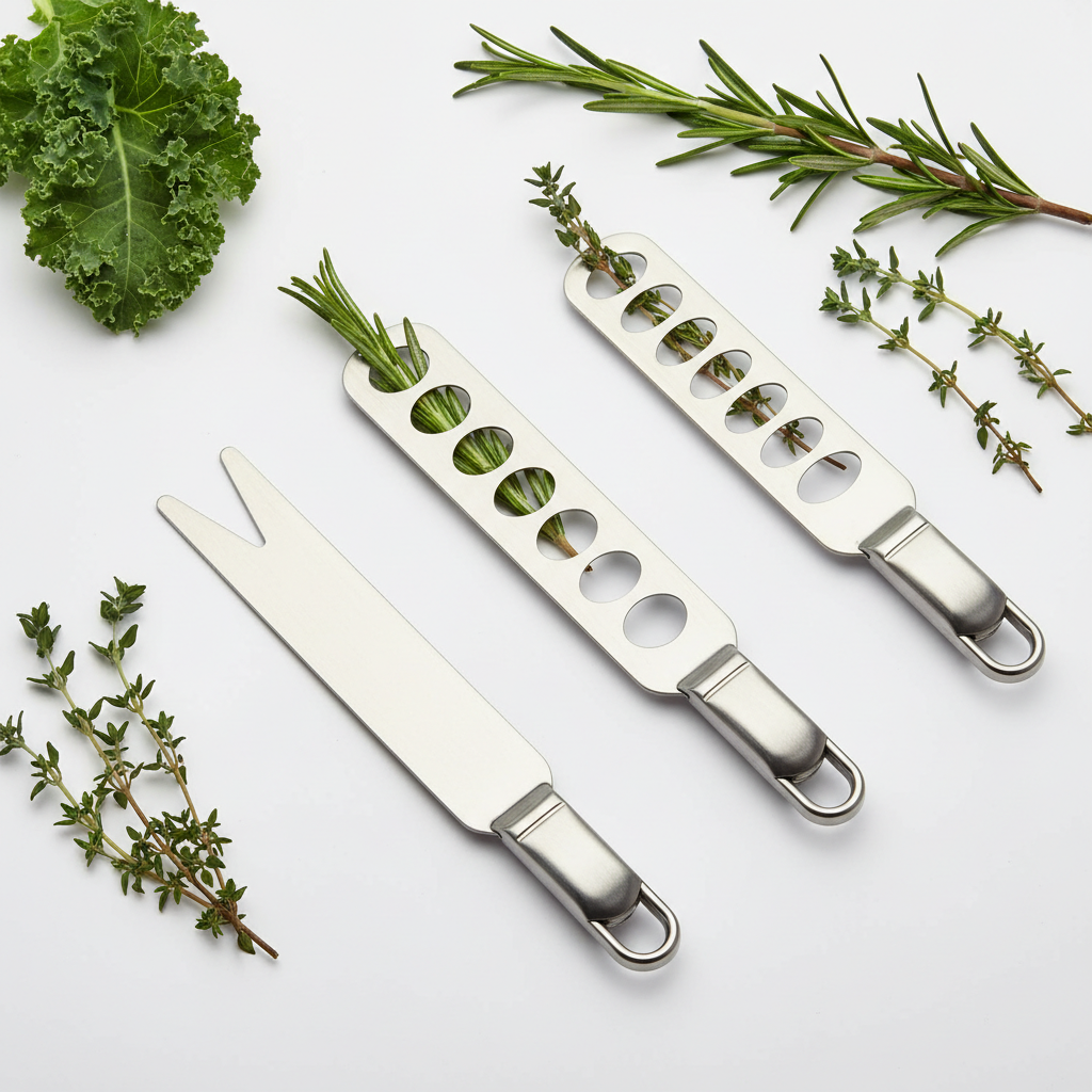 Stainless steel herb stripper tool with multiple holes for stripping rosemary, thyme and kale