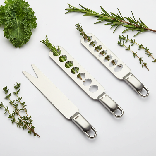 Stainless steel herb stripper tool with multiple holes for stripping rosemary, thyme and kale