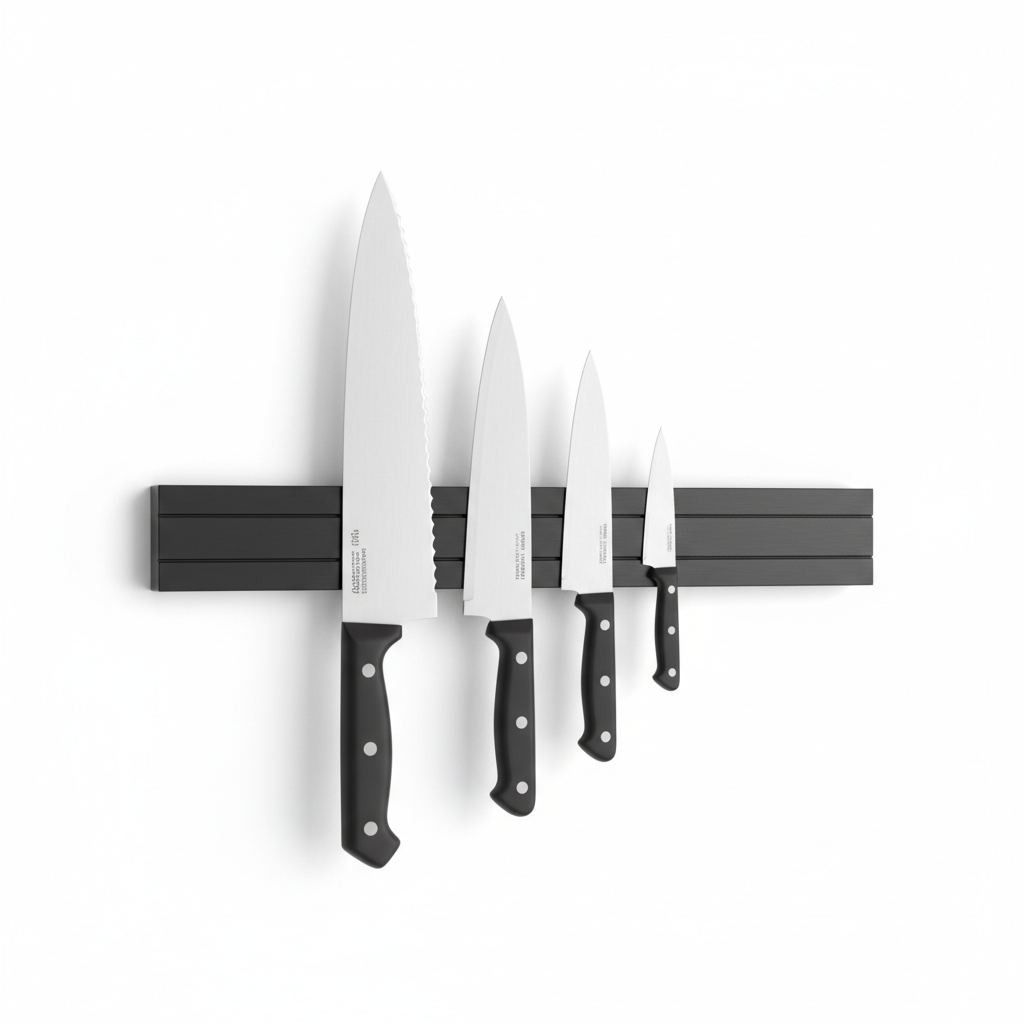 Sleek black magnetic knife strip wall mount with kitchen knives displayed