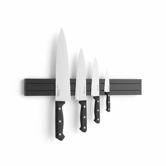 Sleek black magnetic knife strip wall mount with kitchen knives displayed