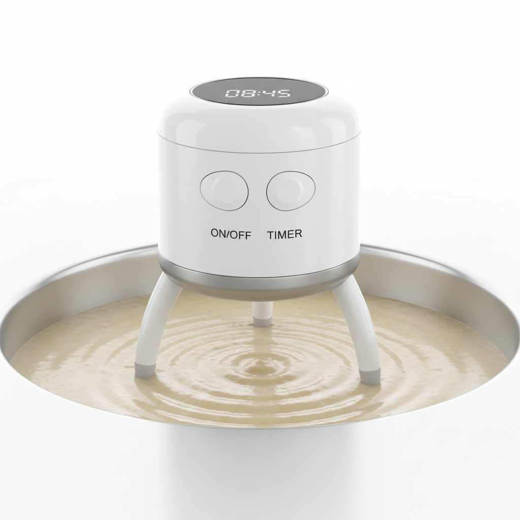 Automatic pan stirrer with timer sitting on pot rim, stirring soup hands-free