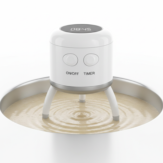 Automatic pan stirrer with timer sitting on pot rim, stirring soup hands-free