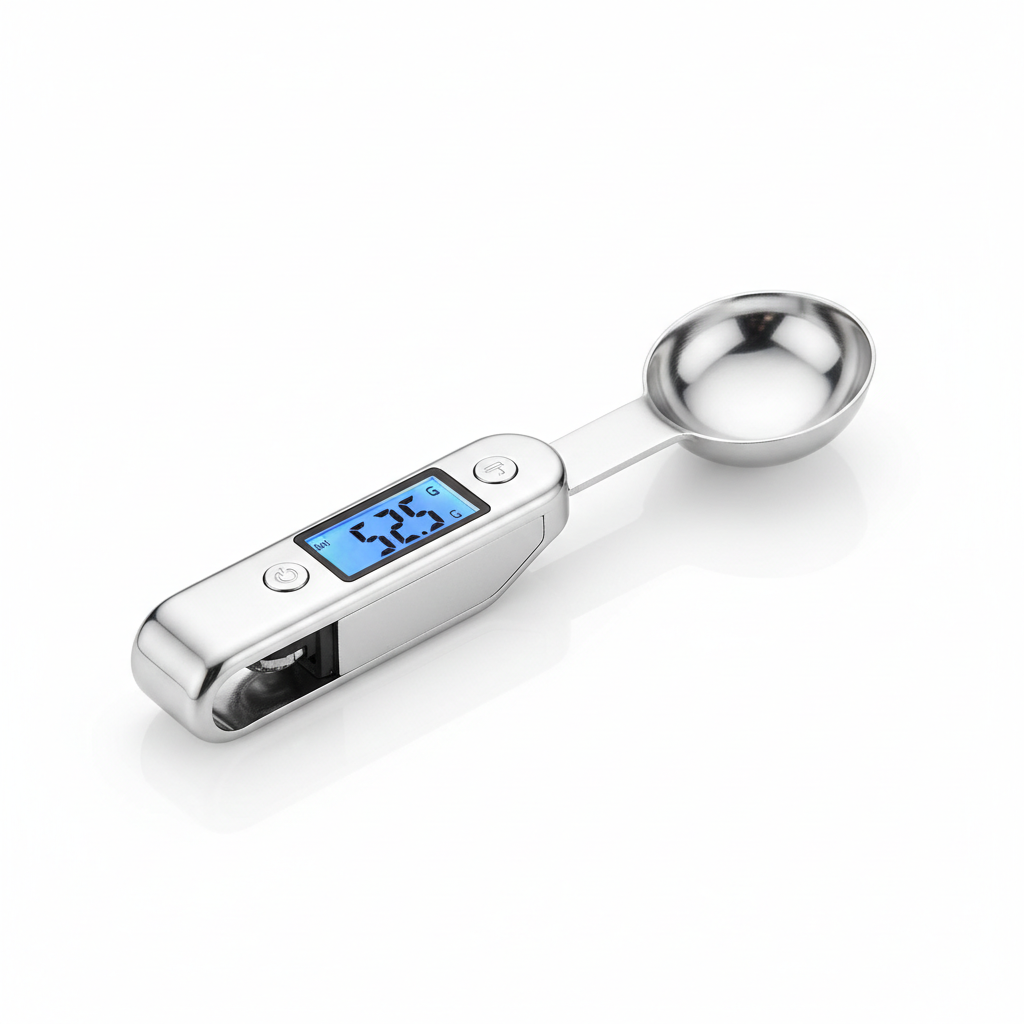 Digital measuring spoon with LCD display showing precise weight measurements