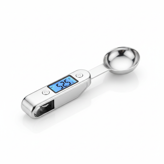 Digital measuring spoon with LCD display showing precise weight measurements