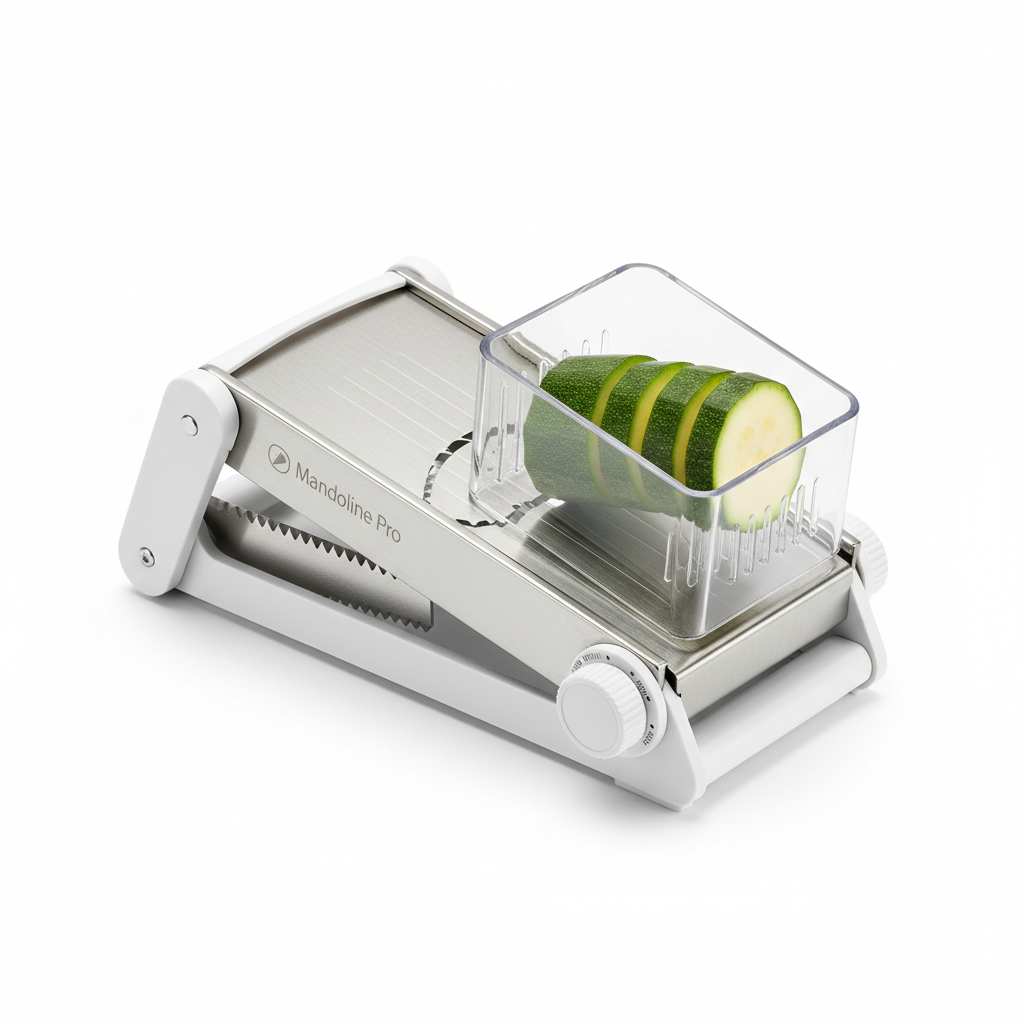 Adjustable mandoline vegetable slicer with stainless steel blades and safety hand guard