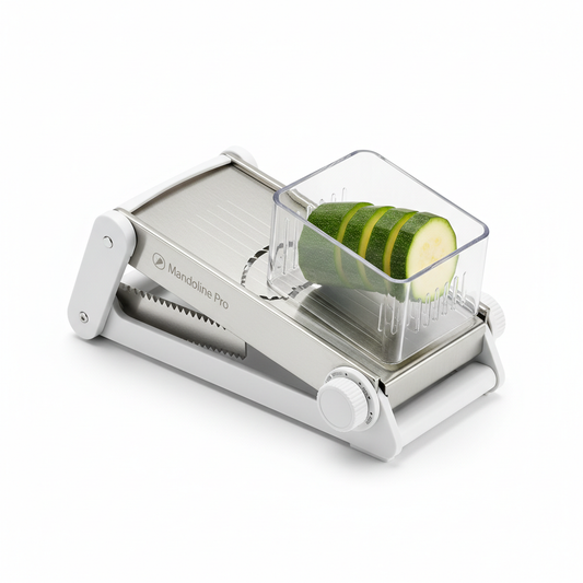 Adjustable mandoline vegetable slicer with stainless steel blades and safety hand guard