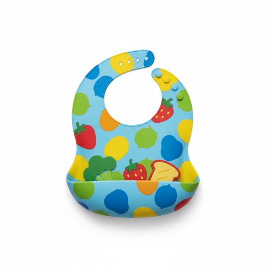 Colorful waterproof silicone baby bib with deep food catcher pocket
