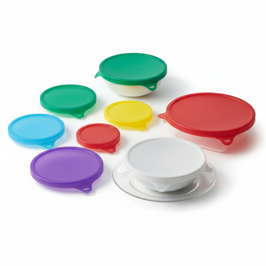 Set of 6 colorful silicone stretch food storage lids in various sizes